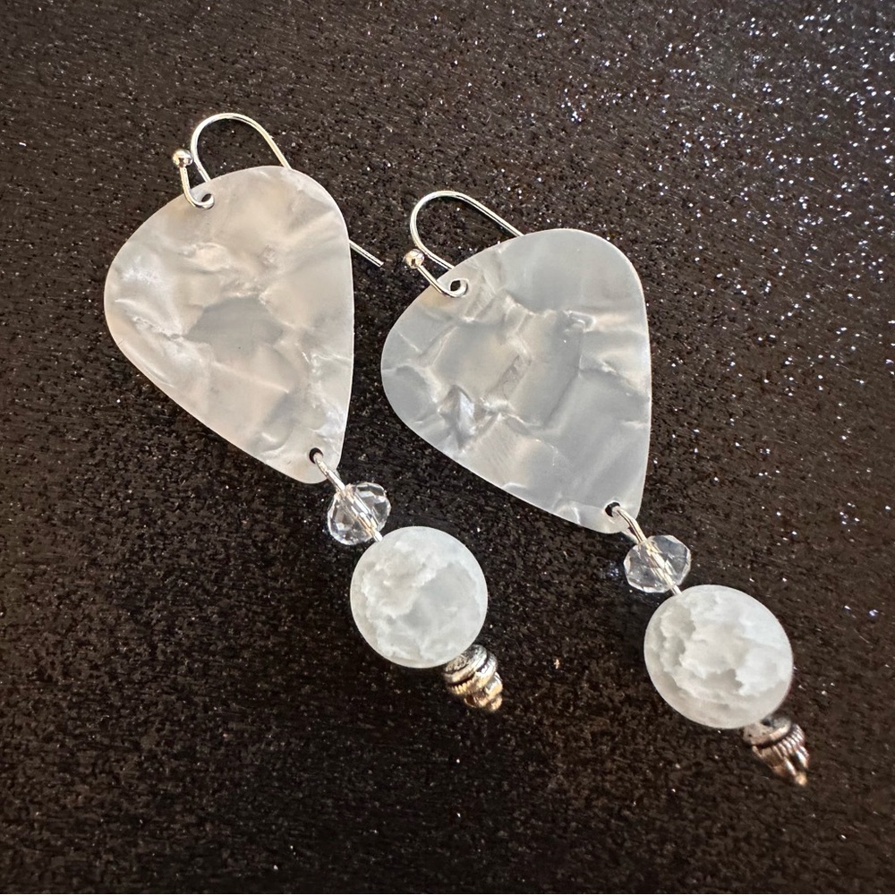 Guitar Pick Earrings - White Marbleized